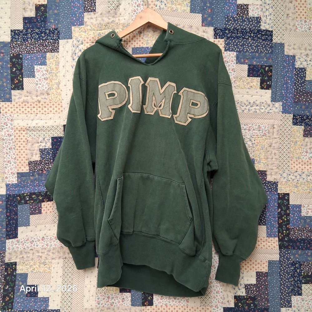 Vintage Champion Reverse Weave Custom PIMP‎ Green Hoodie Size 2XL Y2K Grunge
